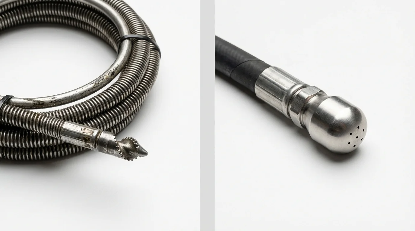Drain snake cable and hydro jetting nozzle used for drain cleaning in Greentown, IN