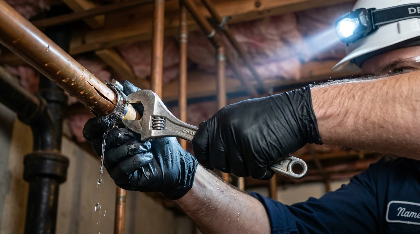 Emergency pipe clamp repair being performed by a Johns Plumbing LLC plumber in Greentown
