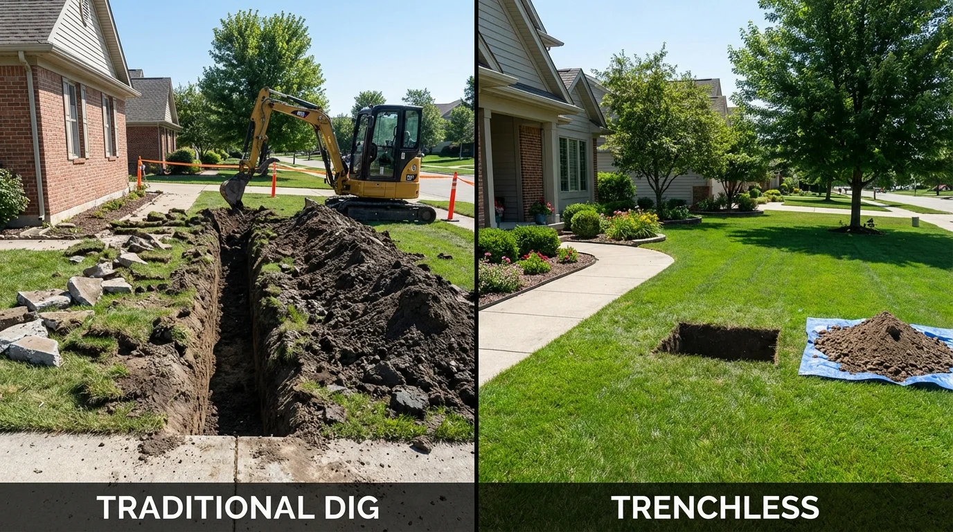 Trenchless sewer repair with minimal yard damage versus traditional excavation in Greentown, IN