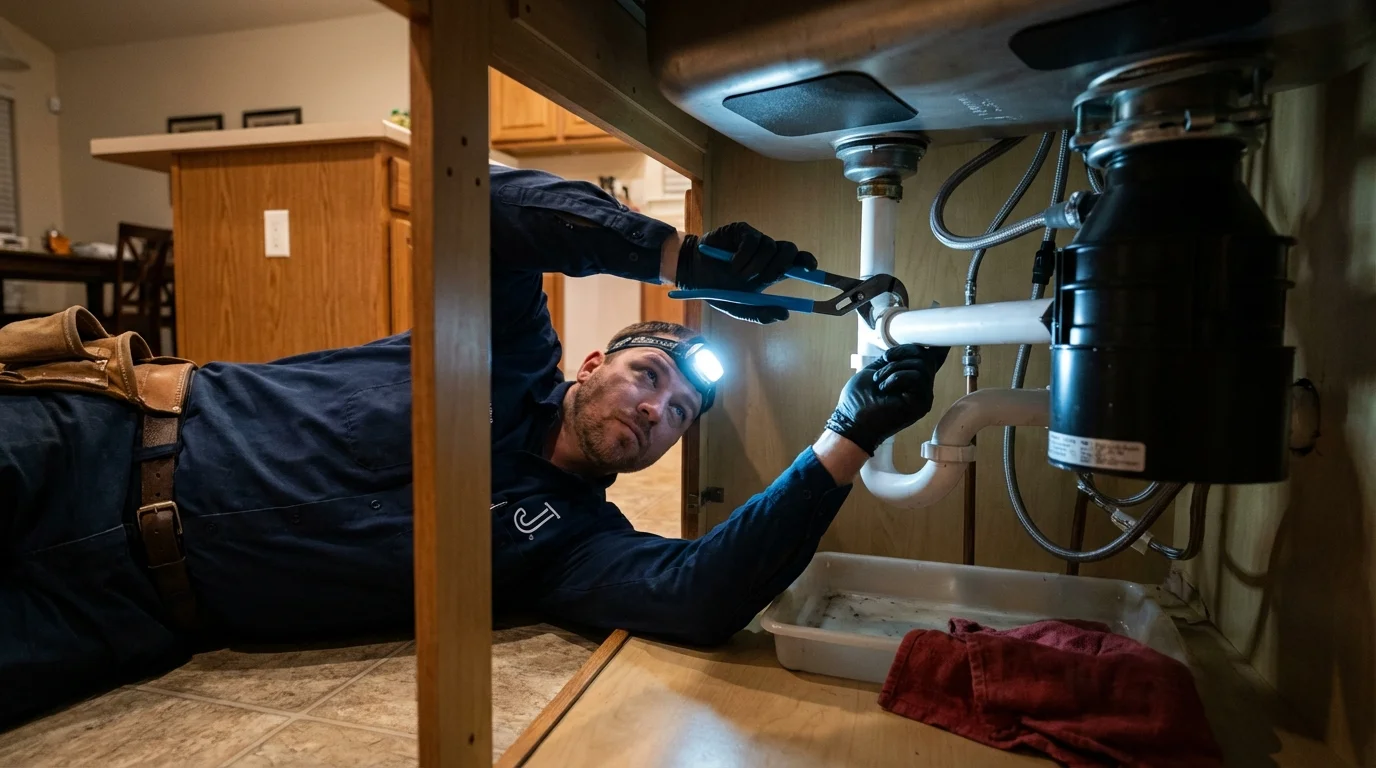 P-trap and supply line connections under a kitchen sink showing a common leak point in Greentown, IN
